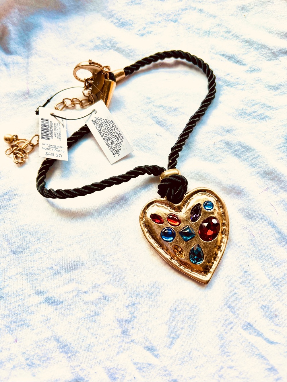Chico's Black Cord Necklace with Gold Heart Pendant and Multicolor Gems